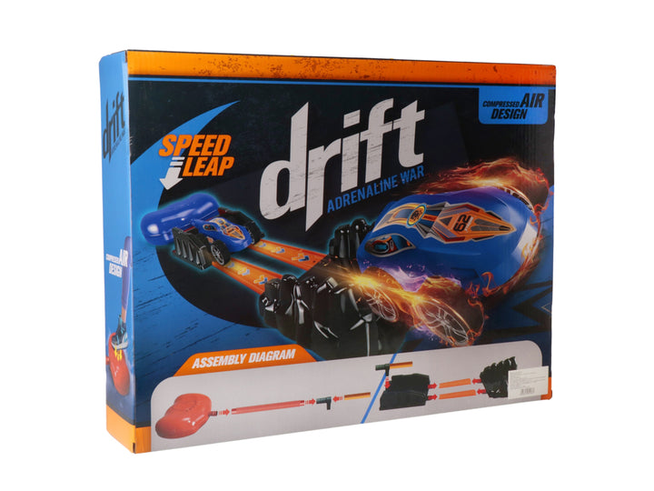 Caja de juego Drift Adrenaline War con vehículos de juguete rojos y azules y sistema de aire comprimido.