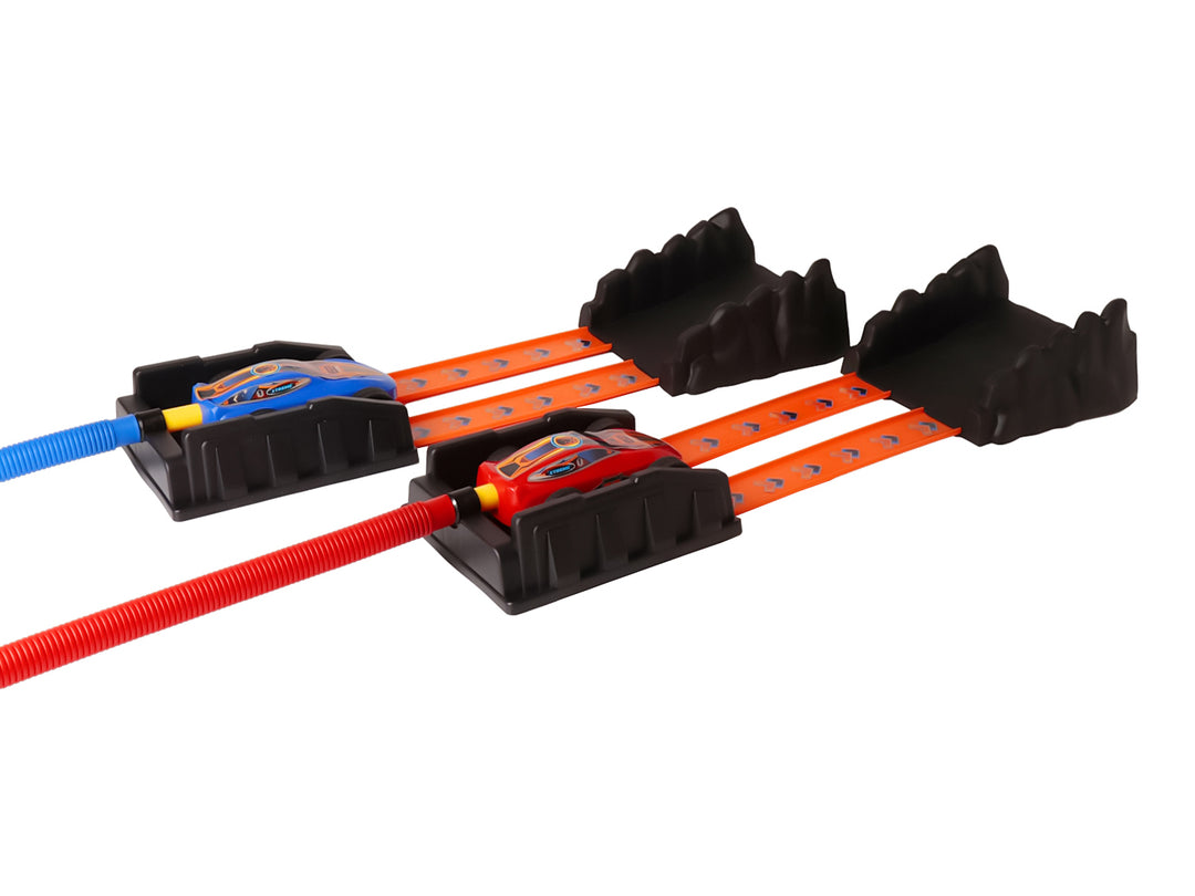 Caja de juego Drift Adrenaline War con vehículos de juguete rojos y azules y sistema de aire comprimido.