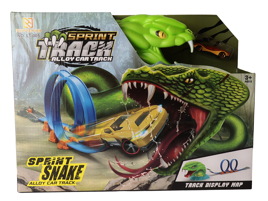Juego de pista de carros Sprint Snake con una serpiente verde gigante y un coche amarillo.