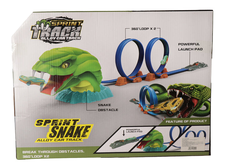 Juego de pista de carros Sprint Snake con una serpiente verde gigante y un coche amarillo.