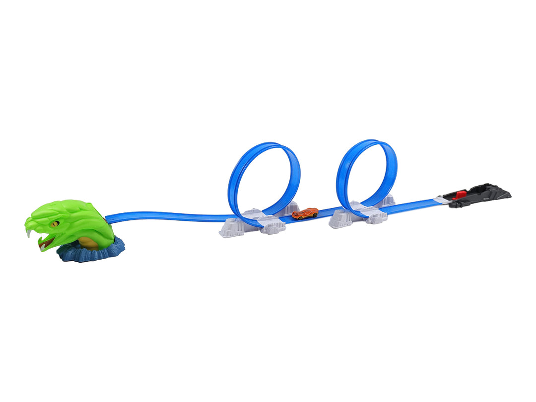 Juego de pista de carros Sprint Snake con una serpiente verde gigante y un coche amarillo.