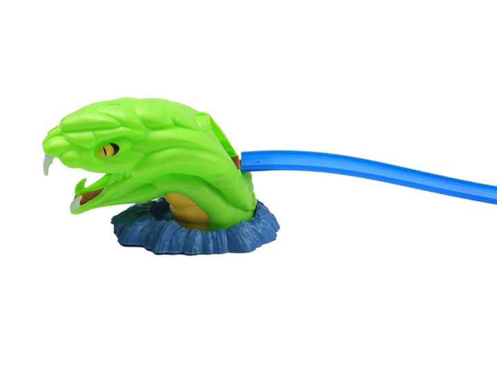 Juego de pista de carros Sprint Snake con una serpiente verde gigante y un coche amarillo.