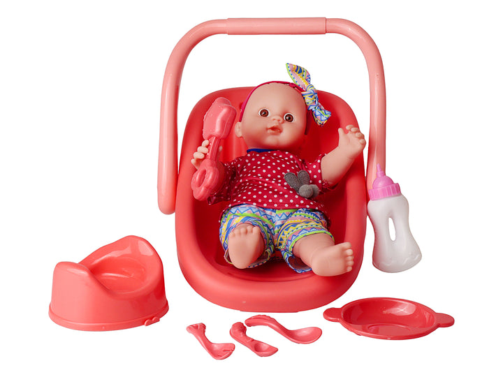 Set de muñeca bebé con accesorios y tina en color rosa, empaquetado en caja transparente.
