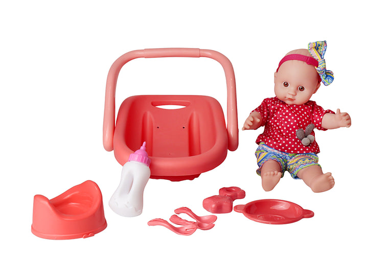 Set de muñeca bebé con accesorios y tina en color rosa, empaquetado en caja transparente.
