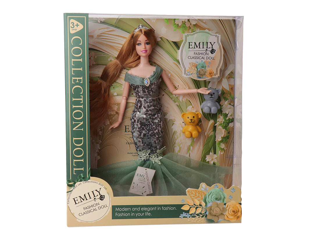 Muñeca Emily Fashion Classical Doll con vestido color jade brillante y accesorios en su caja original.