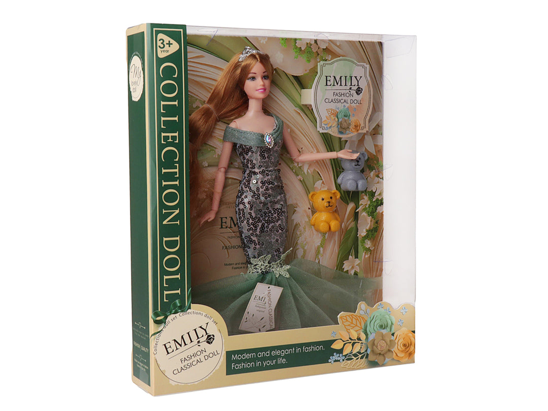 Muñeca Emily Fashion Classical Doll con vestido color jade brillante y accesorios en su caja original.