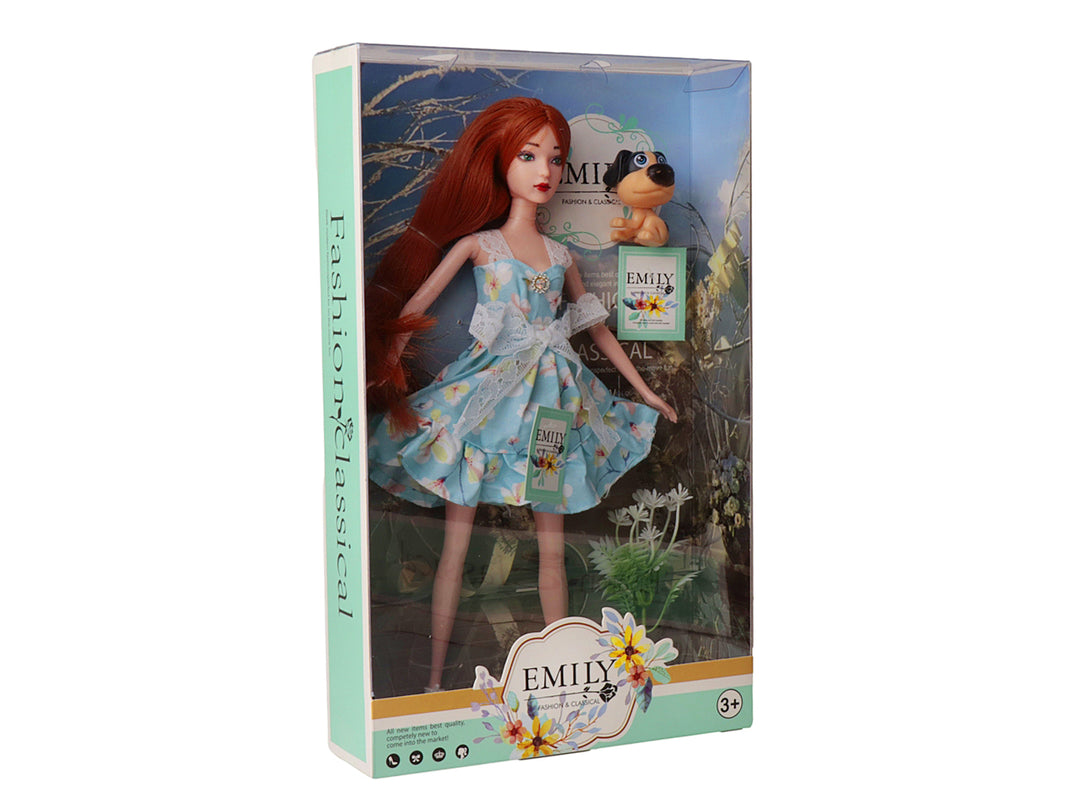 Muñeca Emily con vestido azul floral, cabello rojo y un pequeño perro amarillo en su empaque original.