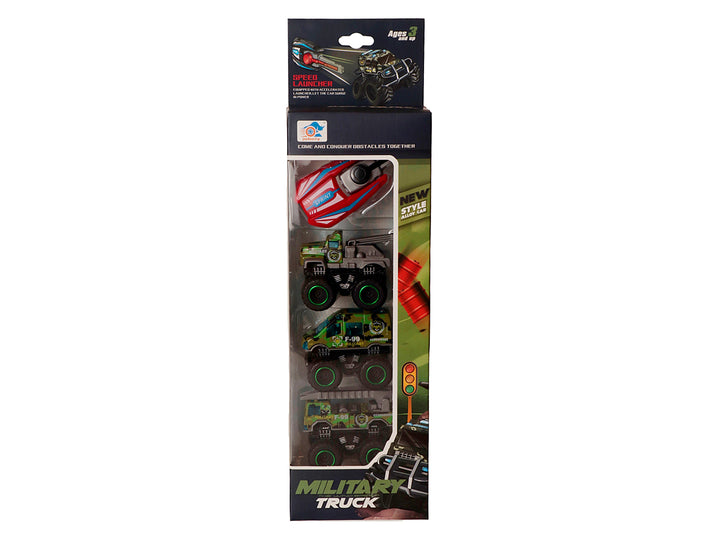 Set de 4 carros de juguete Kelder Toys en empaque transparente, incluye camiones verdes y un vehículo rojo.