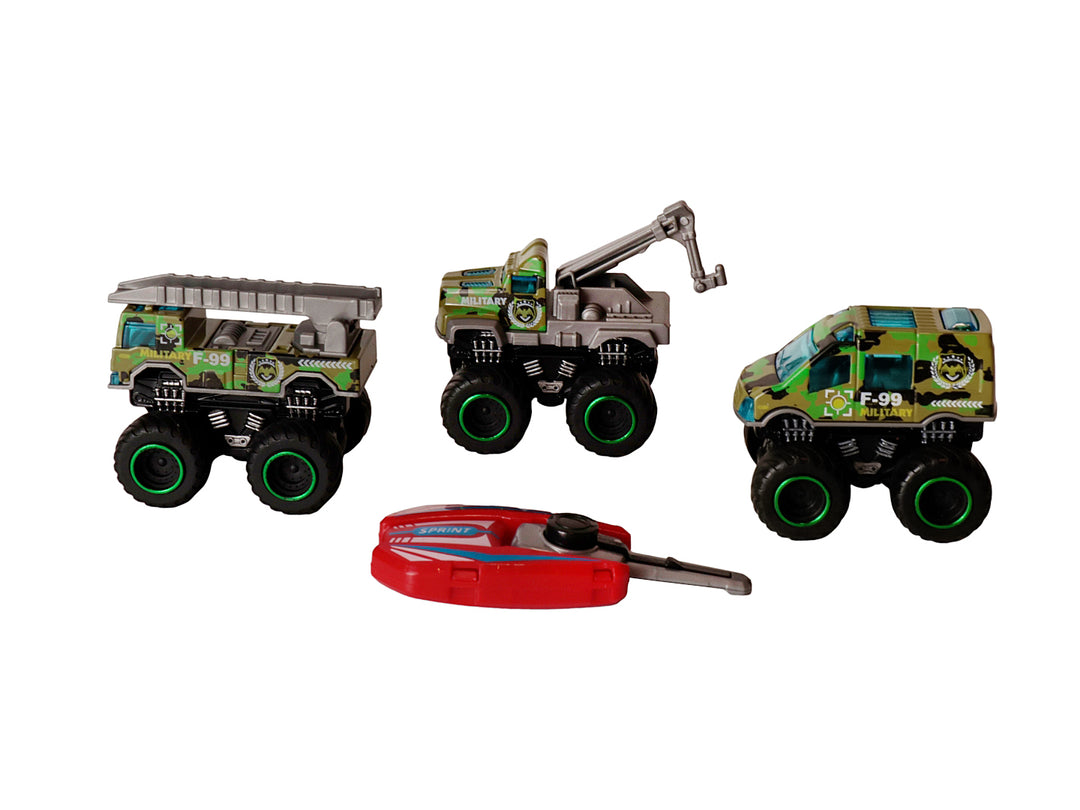 Set de 4 carros de juguete Kelder Toys en empaque transparente, incluye camiones verdes y un vehículo rojo.