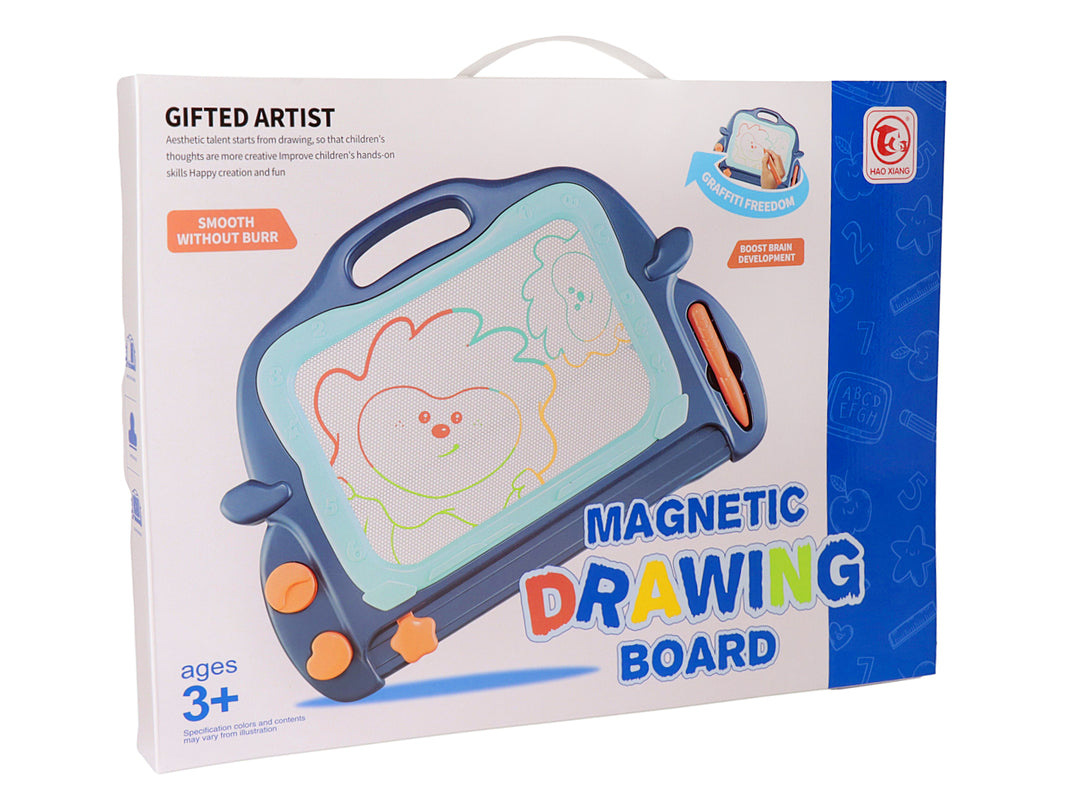 Pizarrón magnético azul de Kelder Toys para niños con pantalla blanca y detalles en naranja.