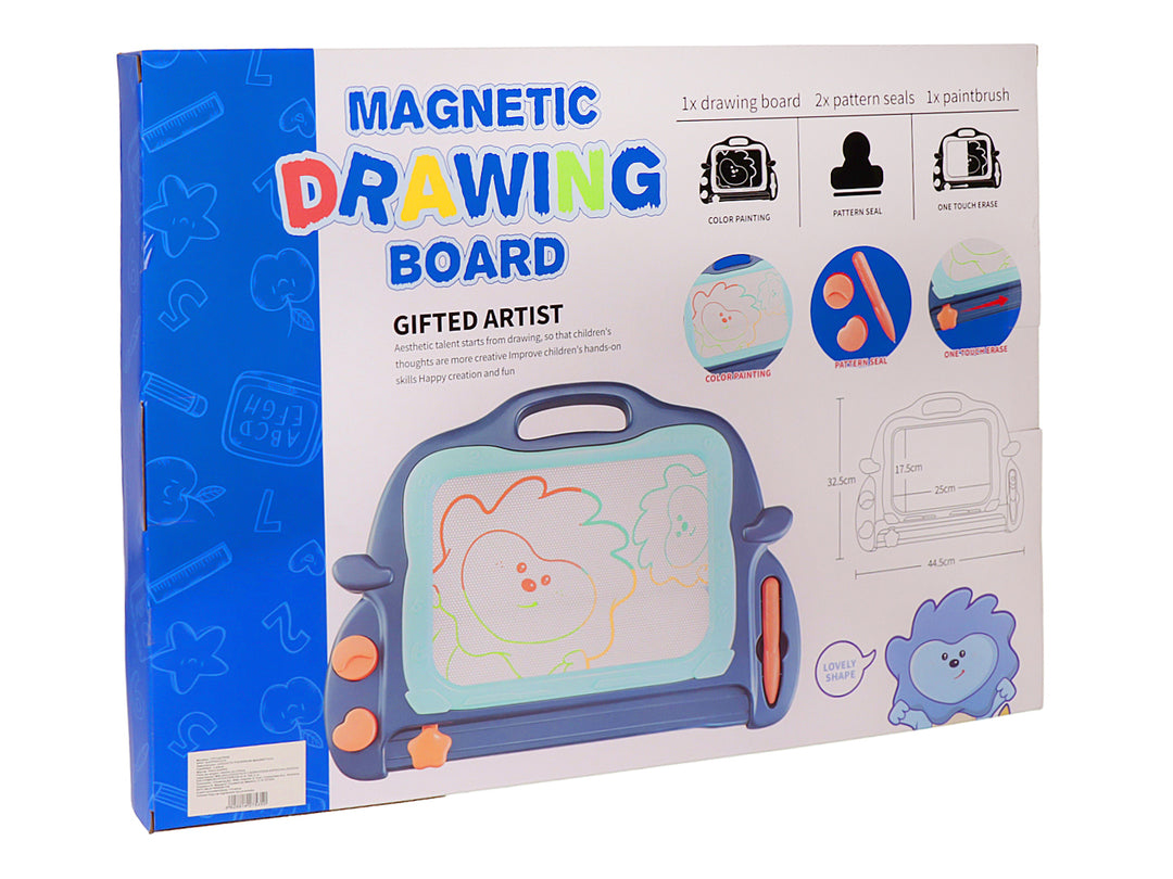 Pizarrón magnético azul de Kelder Toys para niños con pantalla blanca y detalles en naranja.
