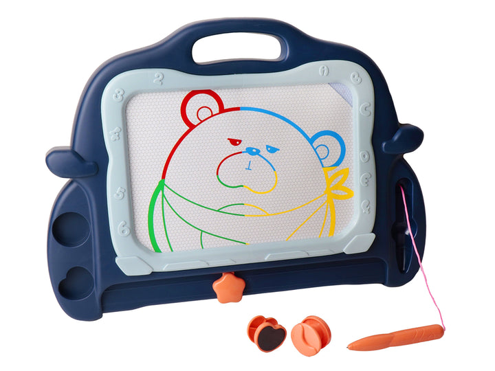 Pizarrón magnético azul de Kelder Toys para niños con pantalla blanca y detalles en naranja.