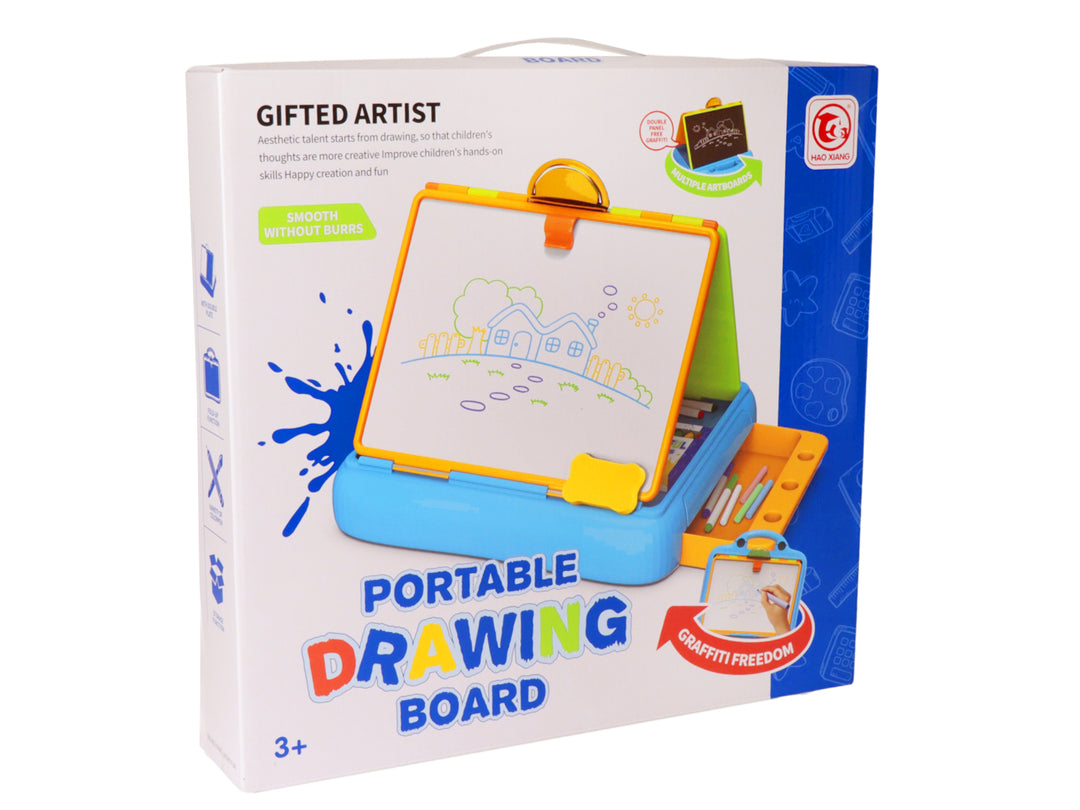 Pizarrón de dibujo portátil multicolor para niños con marco amarillo y base azul, incluye accesorios.