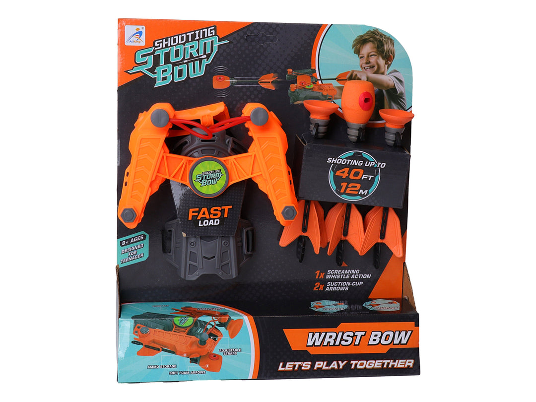 Arco de juguete naranja Kelder Toys Wrist Bow con accesorios en su empaque original.
