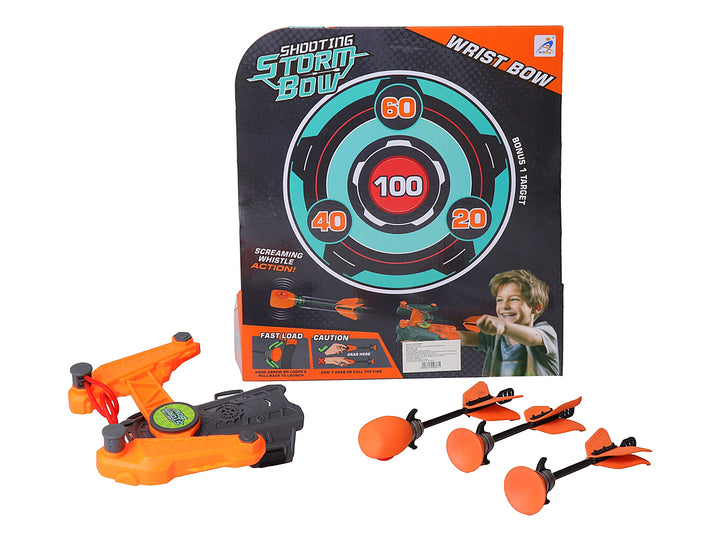Arco de juguete naranja Kelder Toys Wrist Bow con accesorios en su empaque original.