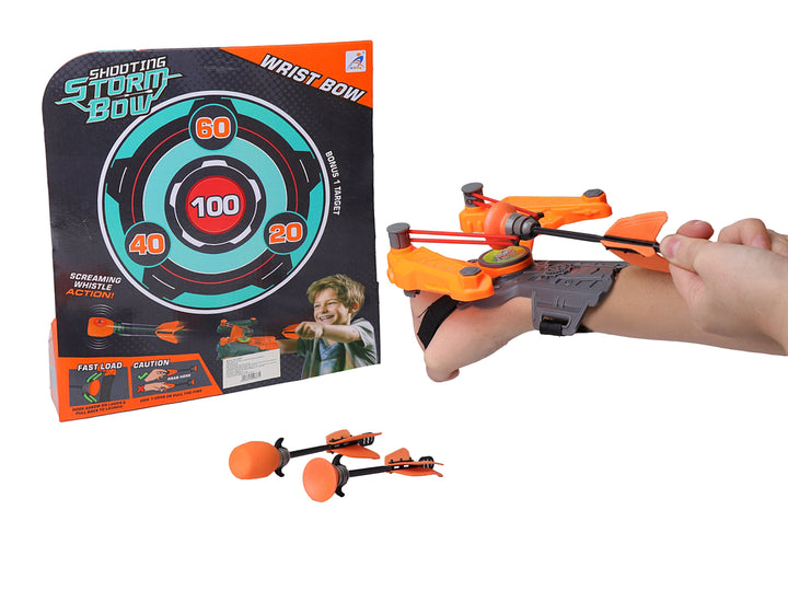 Arco de juguete naranja Kelder Toys Wrist Bow con accesorios en su empaque original.