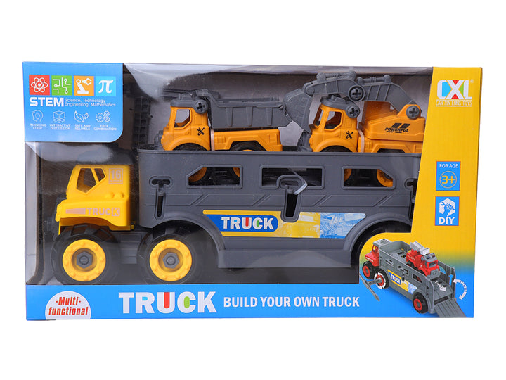 Set de juguetes Kelder Toys que incluye un camión transportador gris y amarillo con vehículos pequeños integrados.