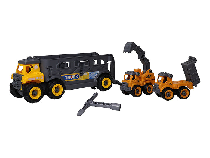 Set de juguetes Kelder Toys que incluye un camión transportador gris y amarillo con vehículos pequeños integrados.