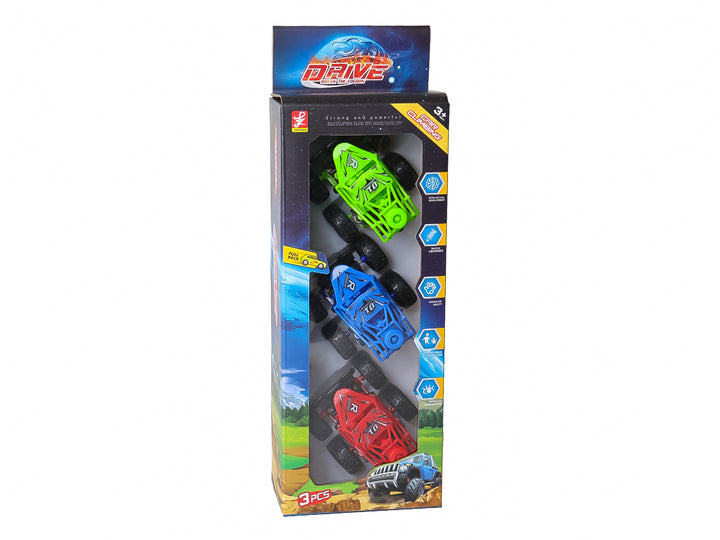 Set de tres vehículos de juguete tipo monster truck en colores verde, azul y rojo dentro de su empaque original.
