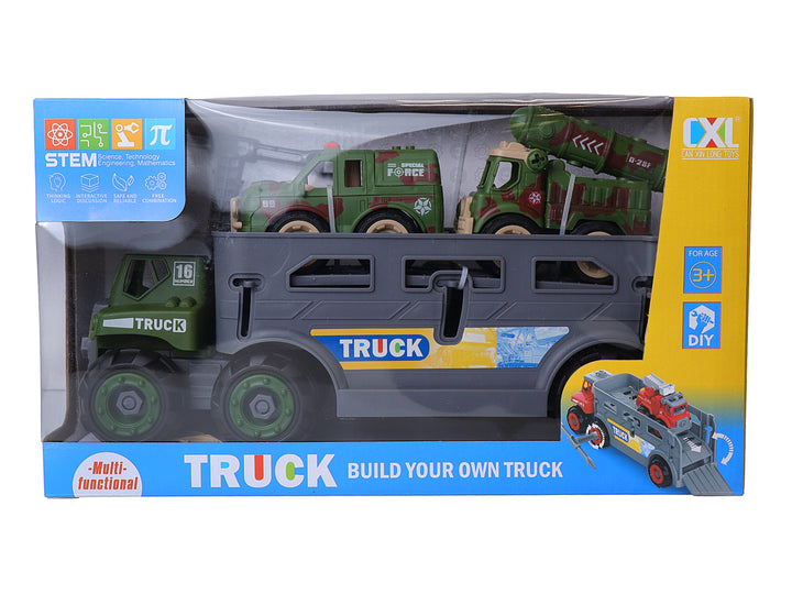 Set de juguetes Kelder Toys con un camión transportador gris y vehículos militares verdes en su empaque.
