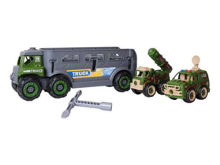 Set de juguetes Kelder Toys con un camión transportador gris y vehículos militares verdes en su empaque.