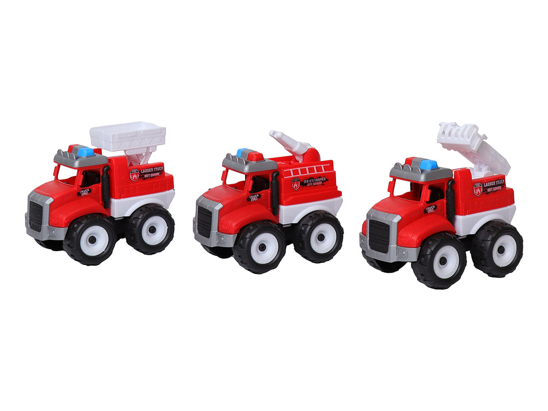 Set de tres camiones de bomberos rojos y blancos de juguete en empaque transparente.