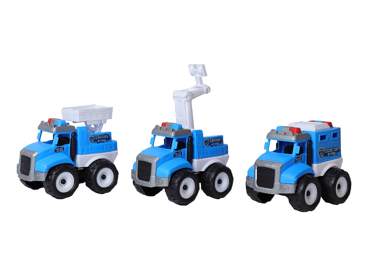 Set de tres carros de policía de juguete color azul y blanco en empaque transparente.