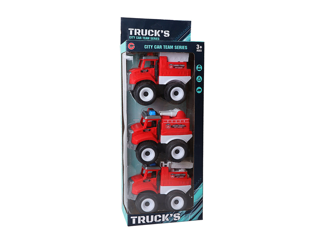 Set de tres camiones de bomberos rojos de juguete con ruedas blancas y negras en su empaque original.