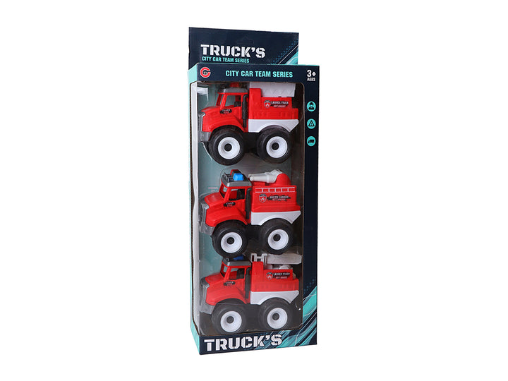 Set de tres camiones de bomberos rojos de juguete con ruedas blancas y negras en su empaque original.