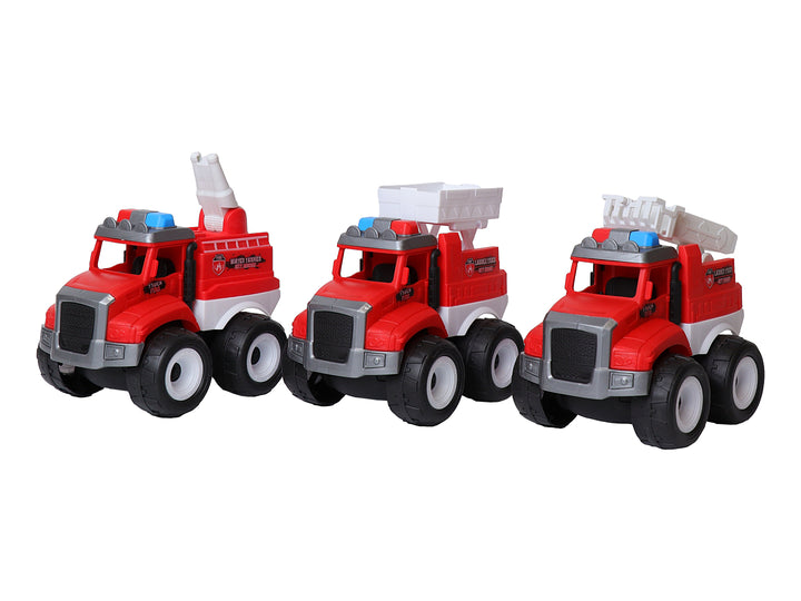 Set de tres camiones de bomberos rojos de juguete con ruedas blancas y negras en su empaque original.