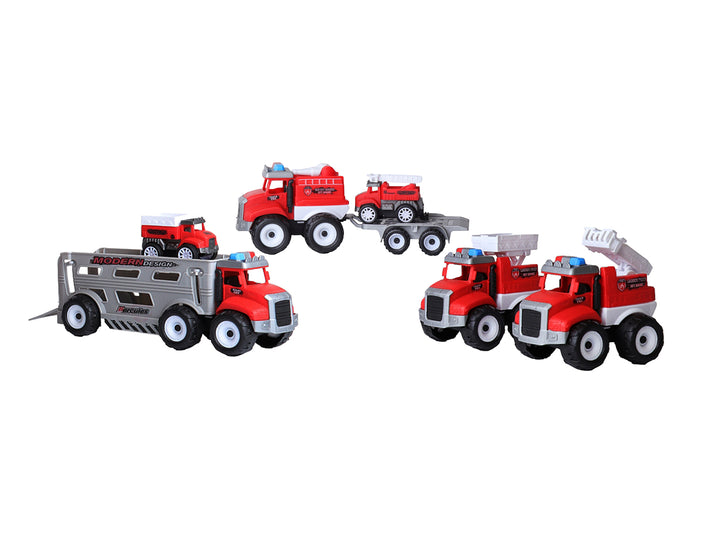 Set de 5 camiones de bomberos de juguete color rojo y blanco en empaque transparente.