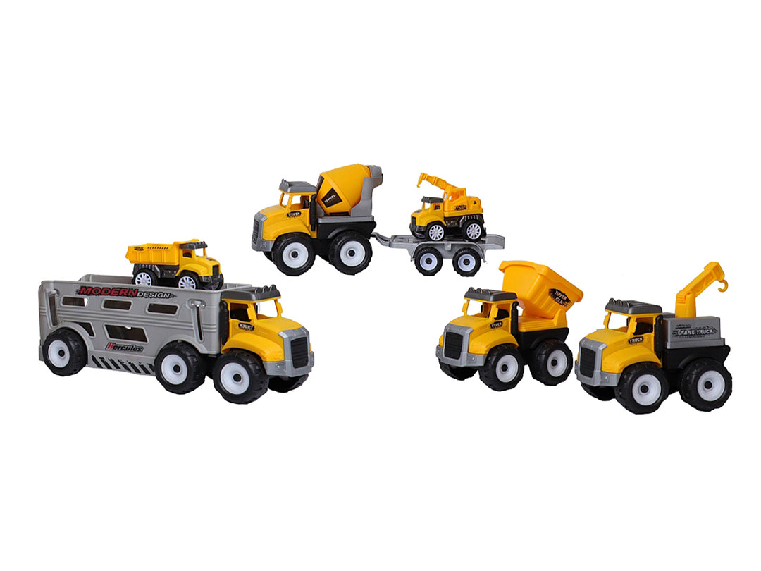 Set de 5 camiones de juguete de ingeniería en color amarillo y gris, presentados en un empaque azul.