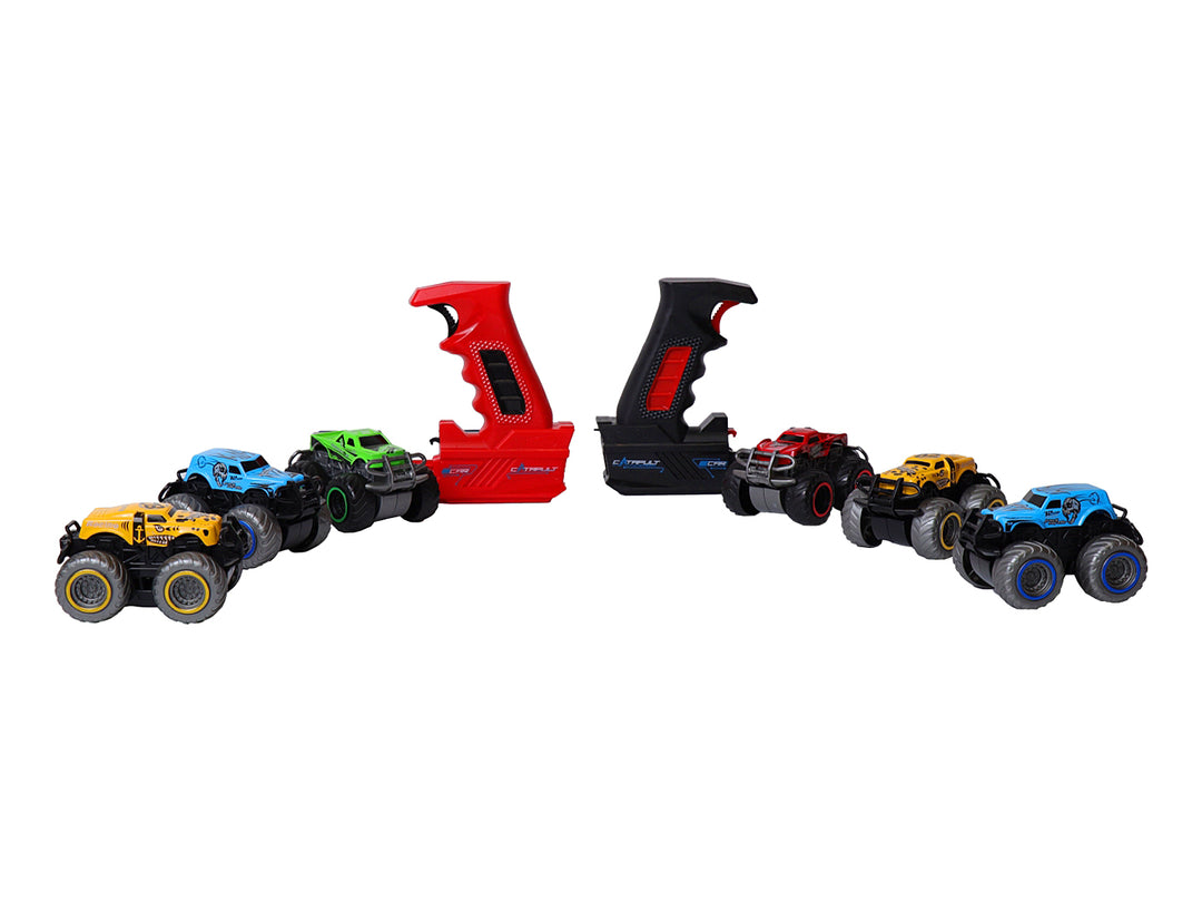 Set de juguetes KELDER TOYS con cinco vehículos tipo monster truck y un lanzador rojo en empaque transparente.