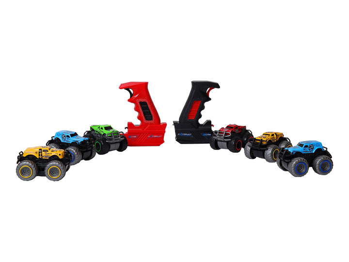 Set de juguetes KELDER TOYS con cinco vehículos tipo monster truck y un lanzador rojo en empaque transparente.