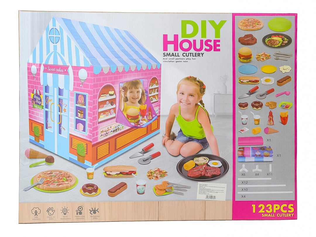 Set de juguete de tienda en casa de campaña multicolor con accesorios de comida y utensilios para niños.