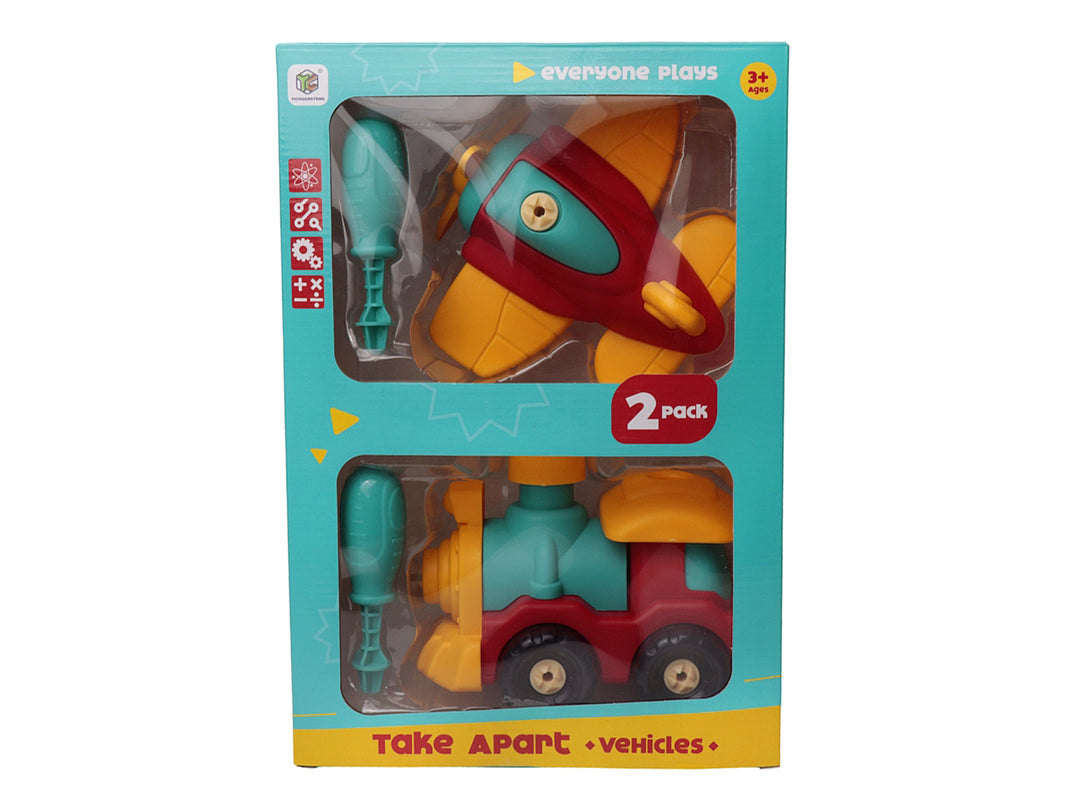 Set de juguetes educativos Kelder Toys con un avión y un camión desarmables en colores multicolor con destornilladores.