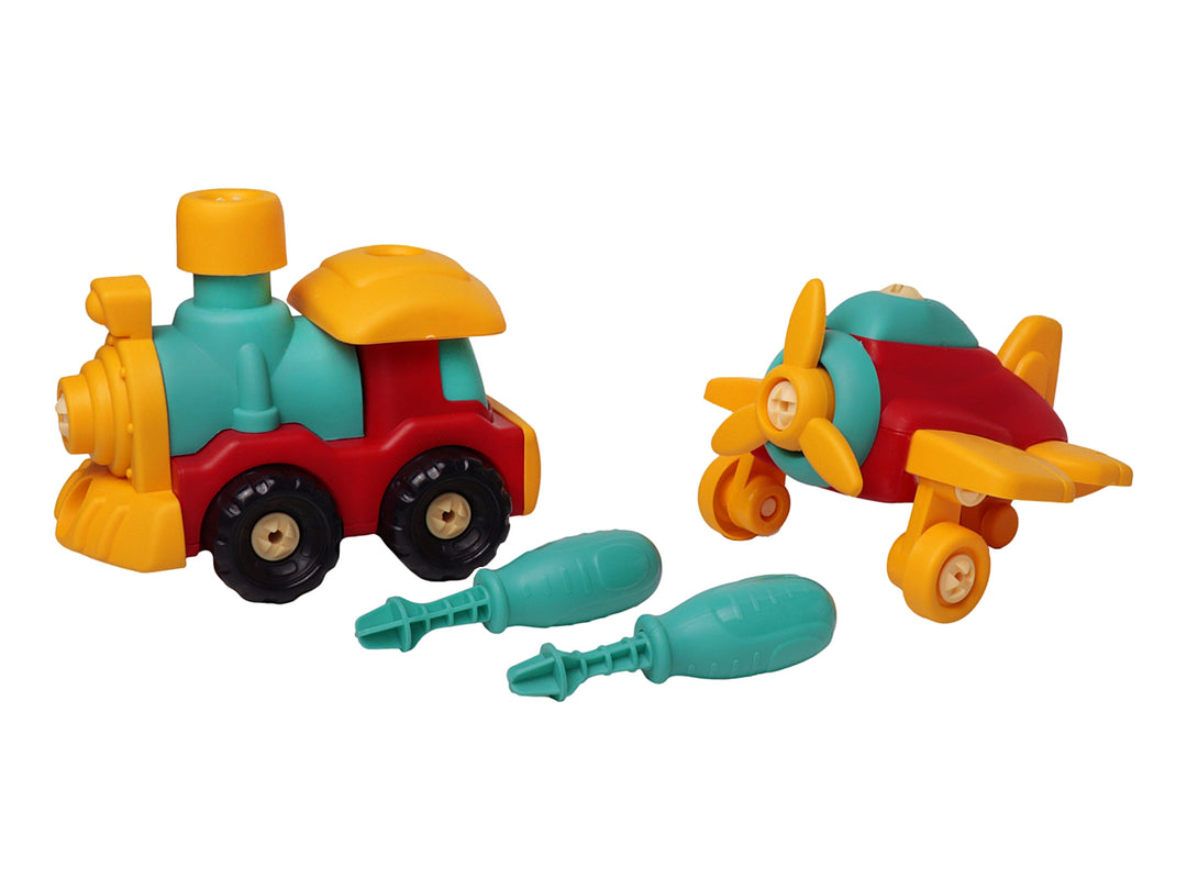 Set de juguetes educativos Kelder Toys con un avión y un camión desarmables en colores multicolor con destornilladores.