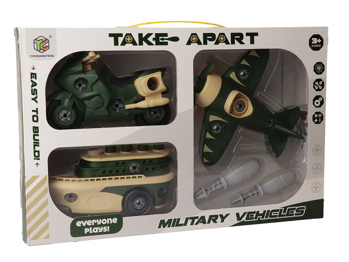 Set de juguetes militares KELDER TOYS con avión, moto y barco en colores verde y beige dentro de su empaque.