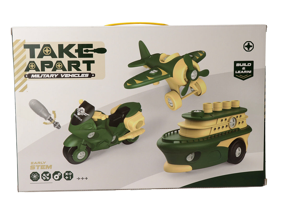 Set de juguetes militares KELDER TOYS con avión, moto y barco en colores verde y beige dentro de su empaque.