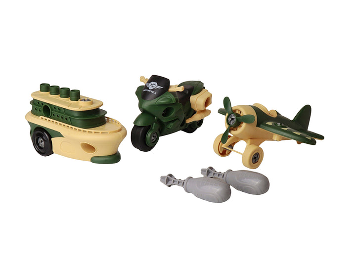 Set de juguetes militares KELDER TOYS con avión, moto y barco en colores verde y beige dentro de su empaque.