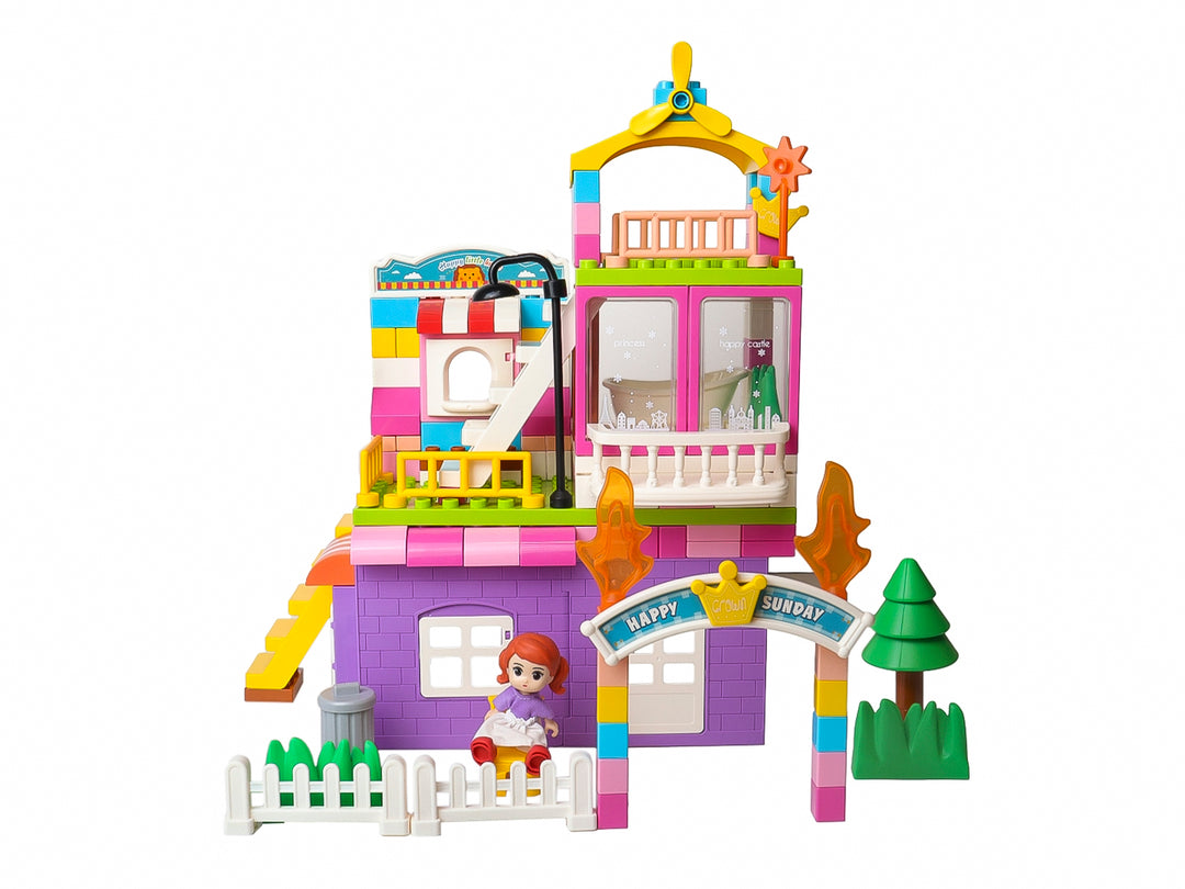 Juego de bloques de construcción Kelder Toys que forma una casa multicolor con una pequeña figura humana.