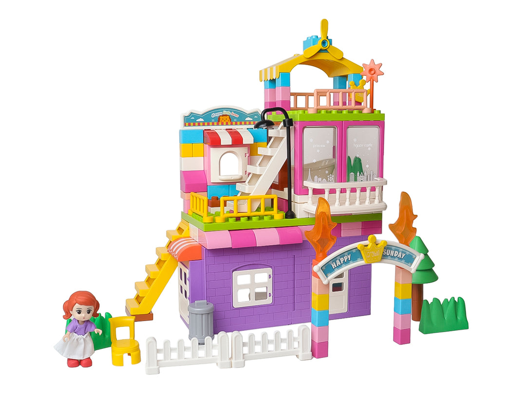 Juego de bloques de construcción Kelder Toys que forma una casa multicolor con una pequeña figura humana.