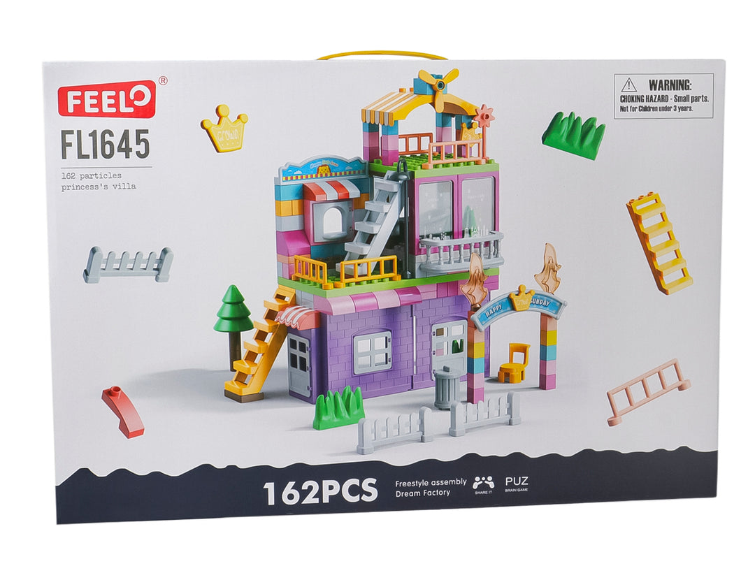Juego de bloques de construcción Kelder Toys que forma una casa multicolor con una pequeña figura humana.