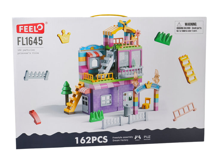 Juego de bloques de construcción Kelder Toys que forma una casa multicolor con una pequeña figura humana.