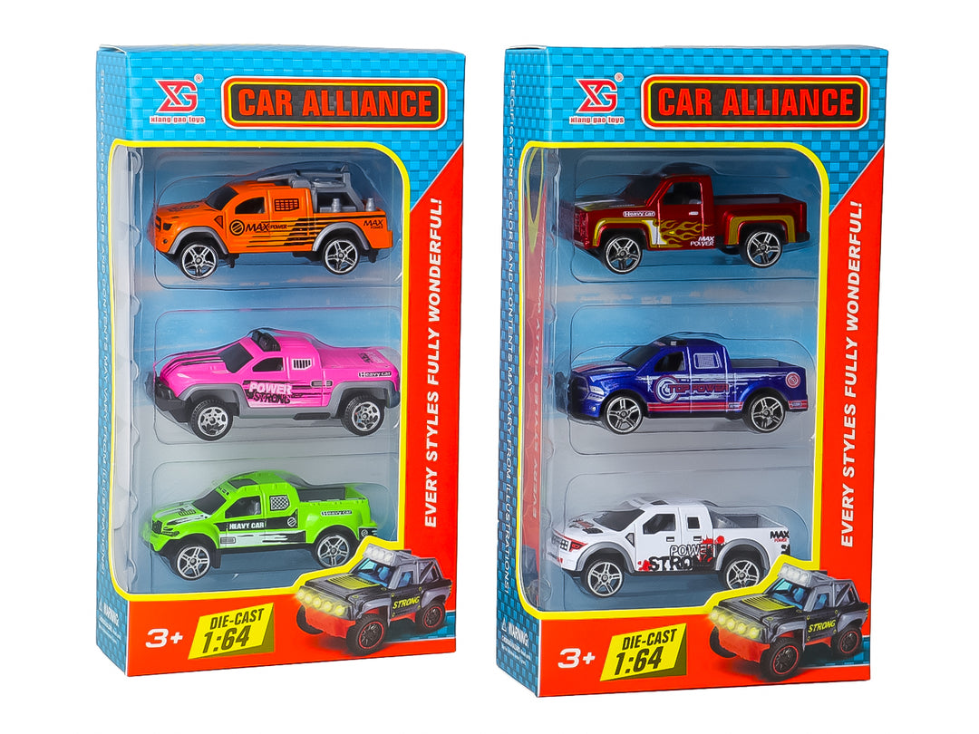 Dos sets de tres camionetas de juguete die-cast en colores variados dentro de sus empaques originales.