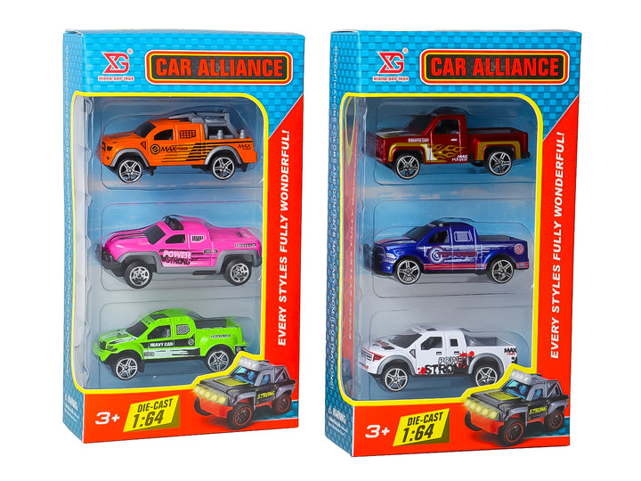 Dos sets de tres camionetas de juguete die-cast en colores variados dentro de sus empaques originales.