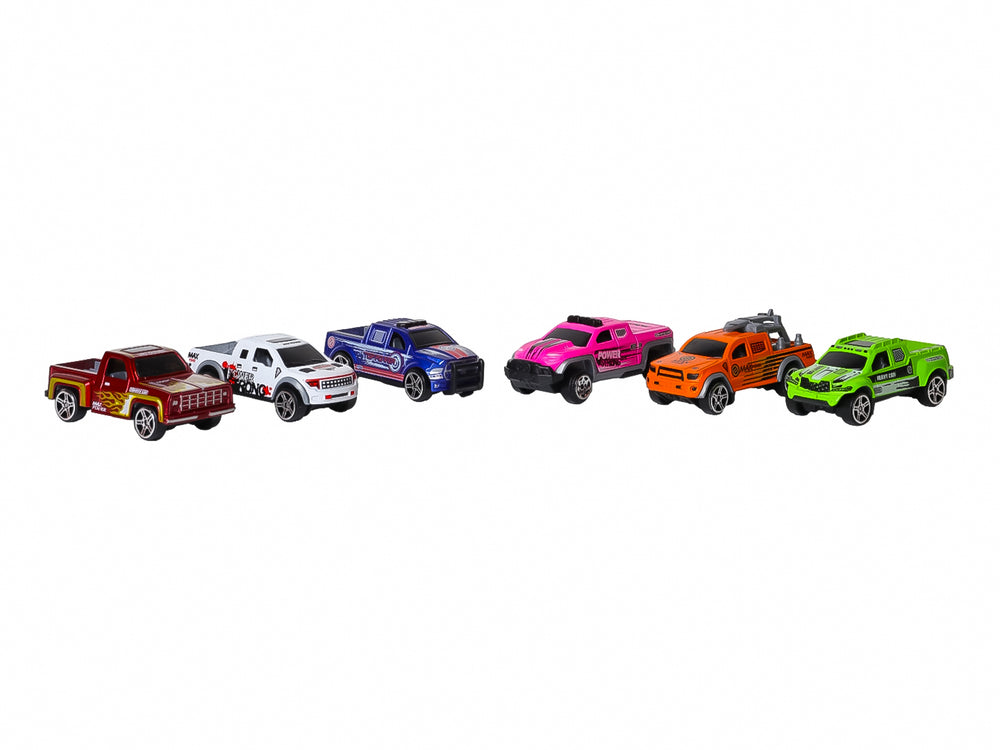 Dos sets de tres camionetas de juguete die-cast en colores variados dentro de sus empaques originales.
