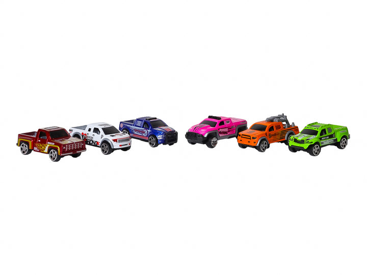 Dos sets de tres camionetas de juguete die-cast en colores variados dentro de sus empaques originales.