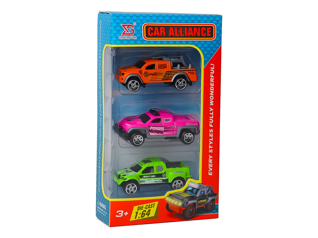 Dos sets de tres camionetas de juguete die-cast en colores variados dentro de sus empaques originales.
