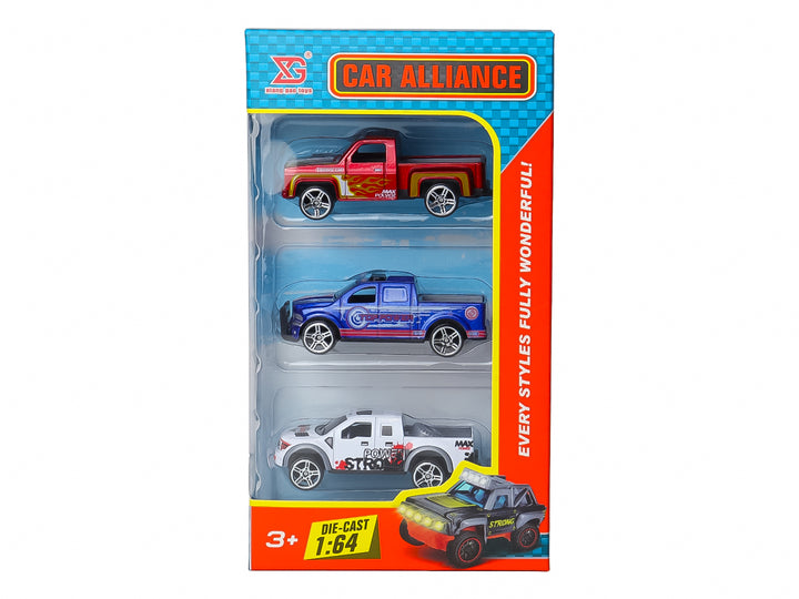 Dos sets de tres camionetas de juguete die-cast en colores variados dentro de sus empaques originales.